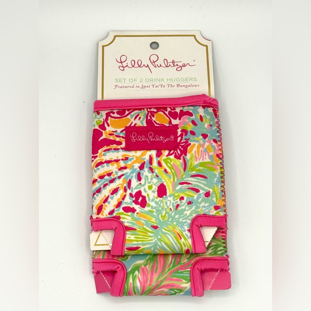 2 Lilly Pulitzer Drink Huggers Pink Floral Bottle Can Beverage Sleeve Pair